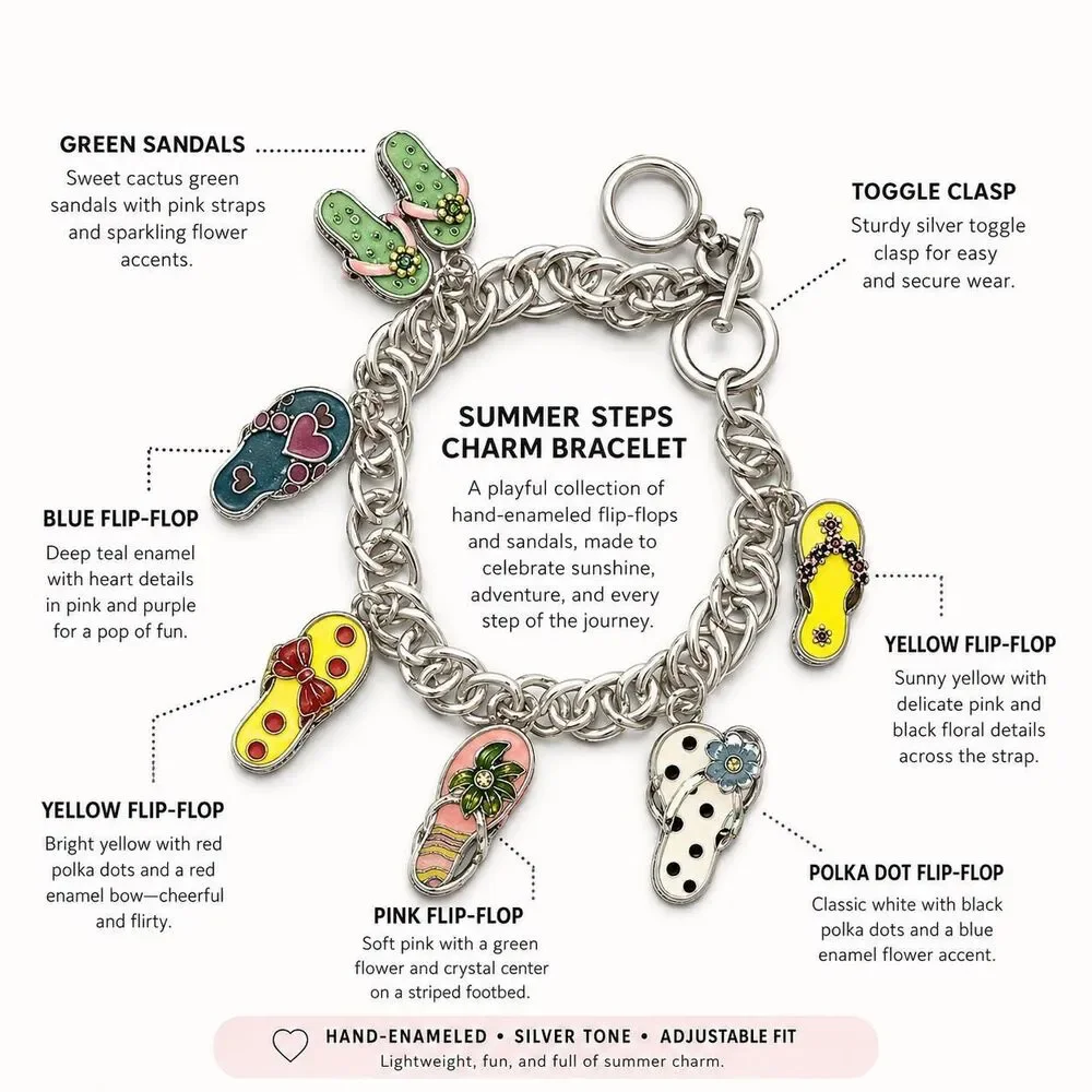 Vintage Charms Silver Bracelet Enamel Flip Flip Sandal Charms Colorful EUC